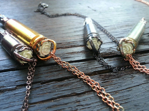 Rose and Crystal Bullet Casing Necklace Sticks Stones Bones