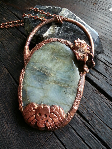 Labradorite with Winged Death's Head and Flowers