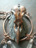 Magpie Corvid Skull with Kyanite, Diamonds, Pearls, and Quartz