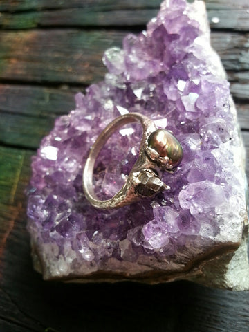 Silver Plated Meteorite and Pearl Ring